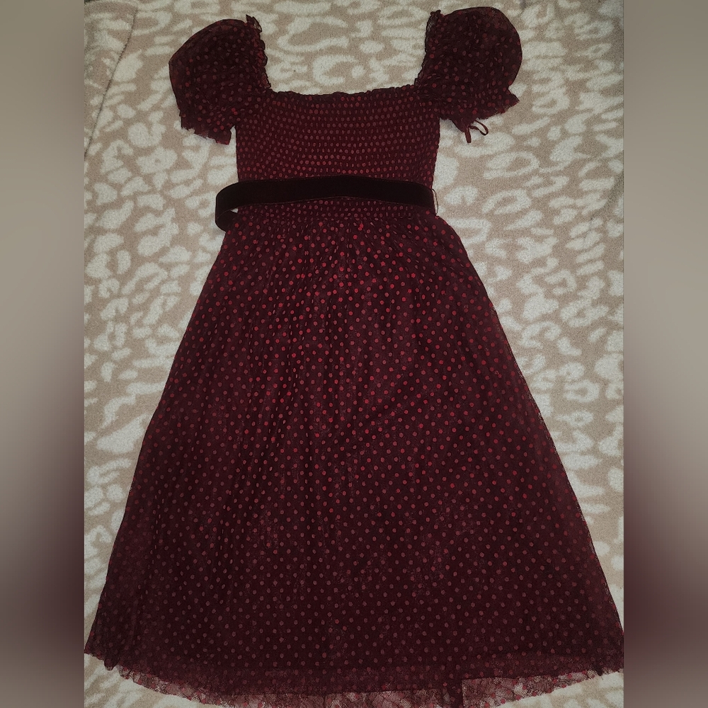 Red Flocked Polka Dot Midi Dress Velvet Belt Puff Sleeve Party Dress S - Picture 5 of 8